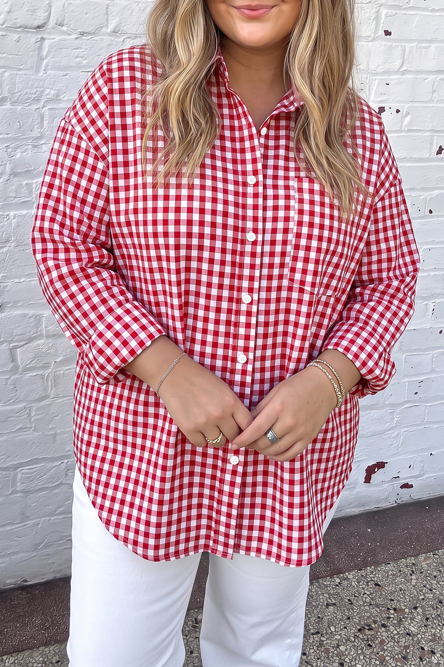 Plaid V Neck Long Sleeve Tunic Loose Fit Plus Size Shirt Women UK