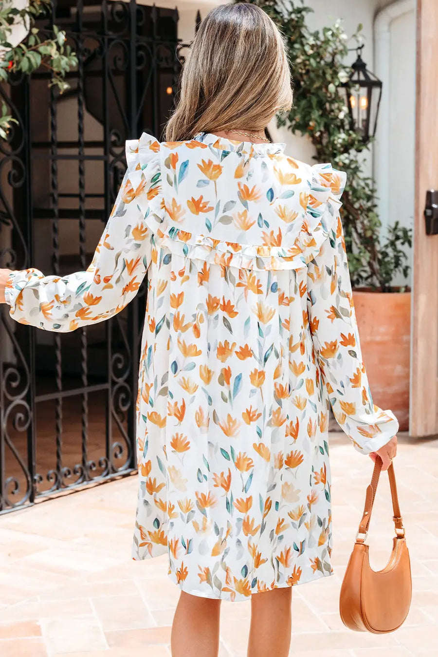 Yellow Floral Tie Neck Frilled Long Sleeve Mini Dress Women UK