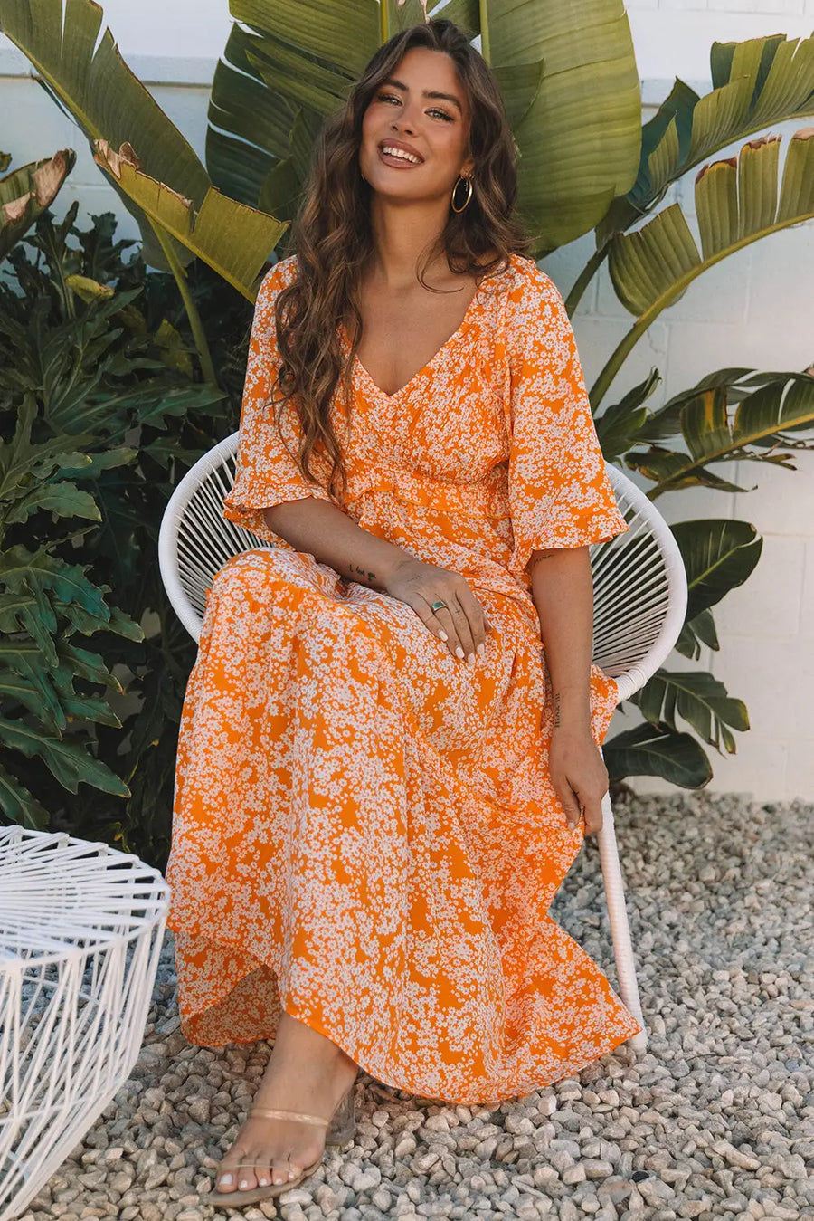 Orange Floral Smocked V Neck Wide Sleeve Maxi Dress Women UK