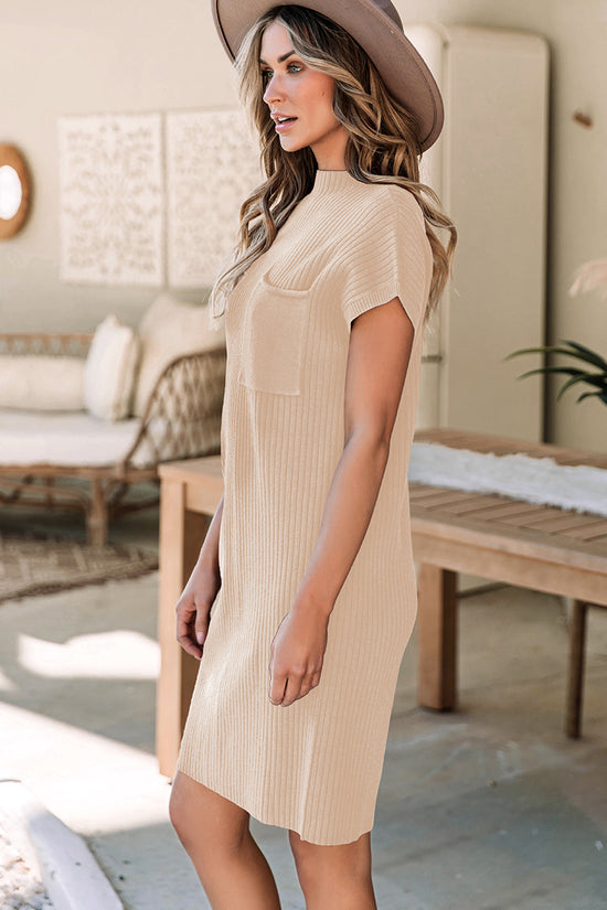Cozy Oatmeal Sweater Dress - Ribbed Knit with Pockets