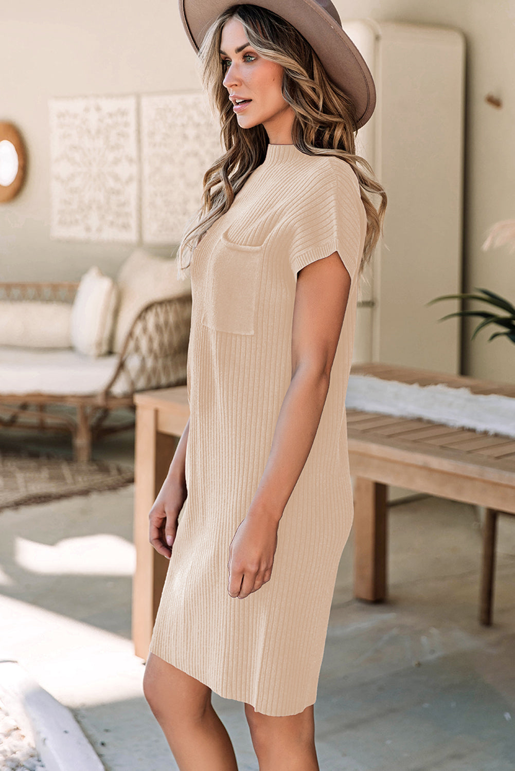 Cozy Oatmeal Sweater Dress – Soft Ribbed Knit with Pockets & Short Sleeves