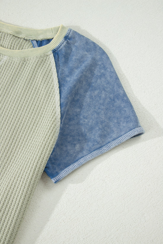 Waffle Knit Seam Detail Colour Block Patchwork Short Sleeve Top
