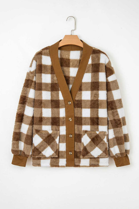 Flat lay of Brown Checkered Sherpa Cardigan on hanger, showcasing button-down front, fleece fabric, and plaid print for winter style.