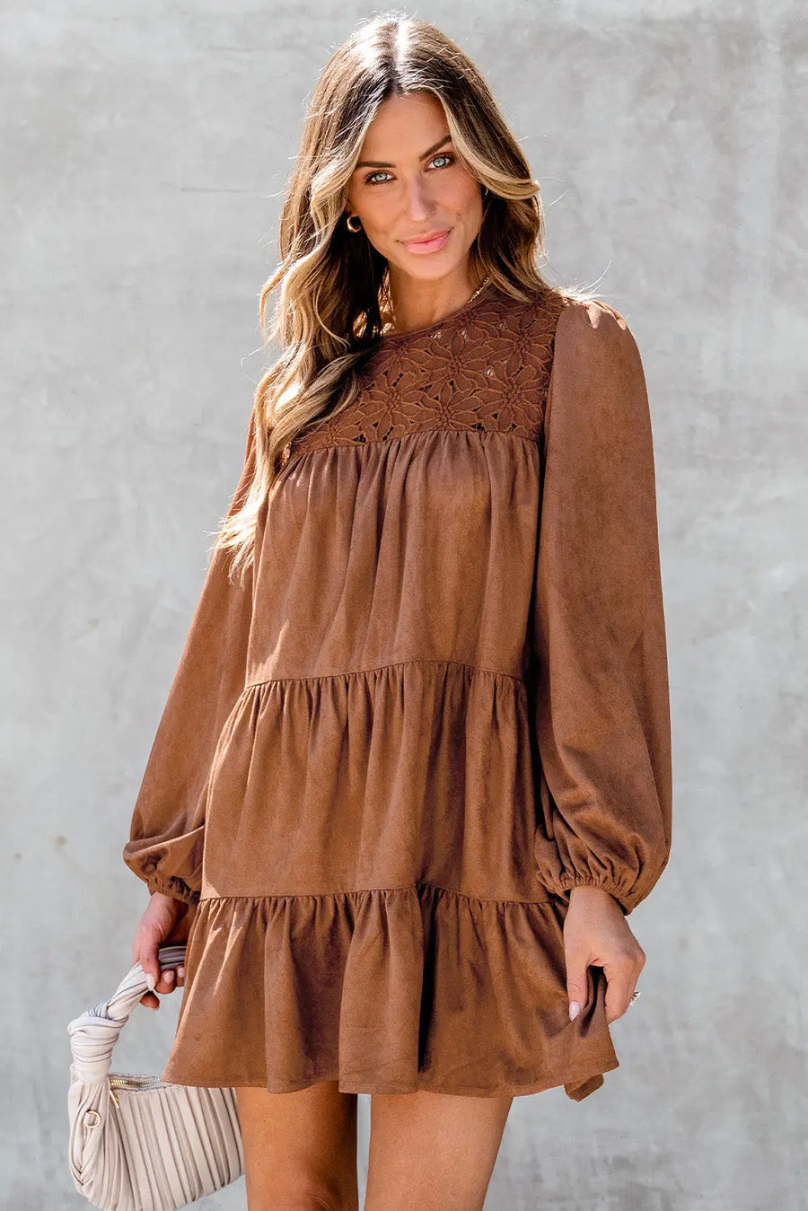 Chestnut Floral Lace Crochet Tiered Mini Dress Women UK