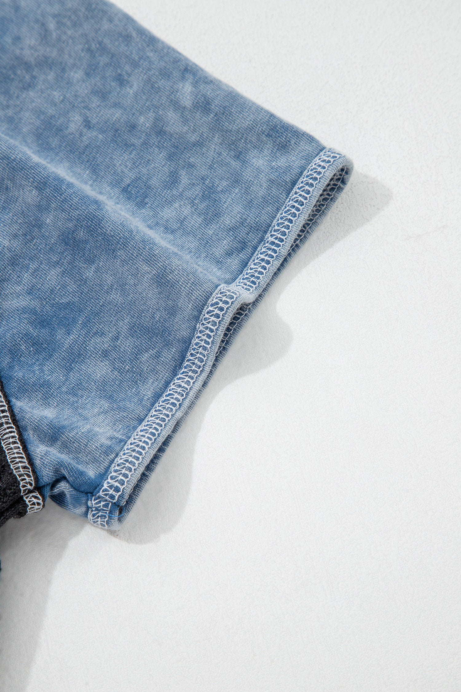 Waffle Knit Seam Detail Colour Block Patchwork Short Sleeve Top