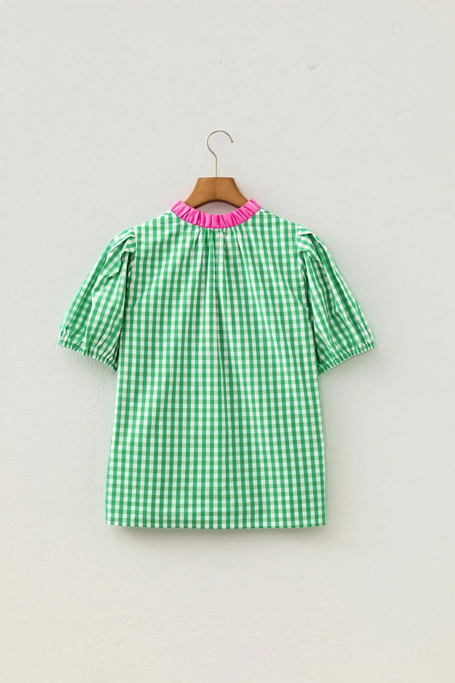 Gingham Plaid Bubble Sleeve Colourblock Blouse Women UK