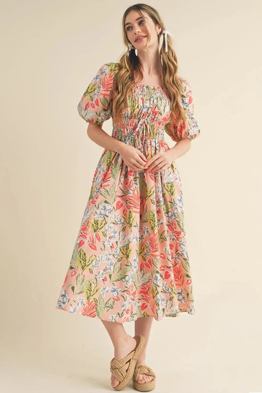 Apricot Pink Floral Smocked Bust Bubble Sleeve Maxi Dress Women UK