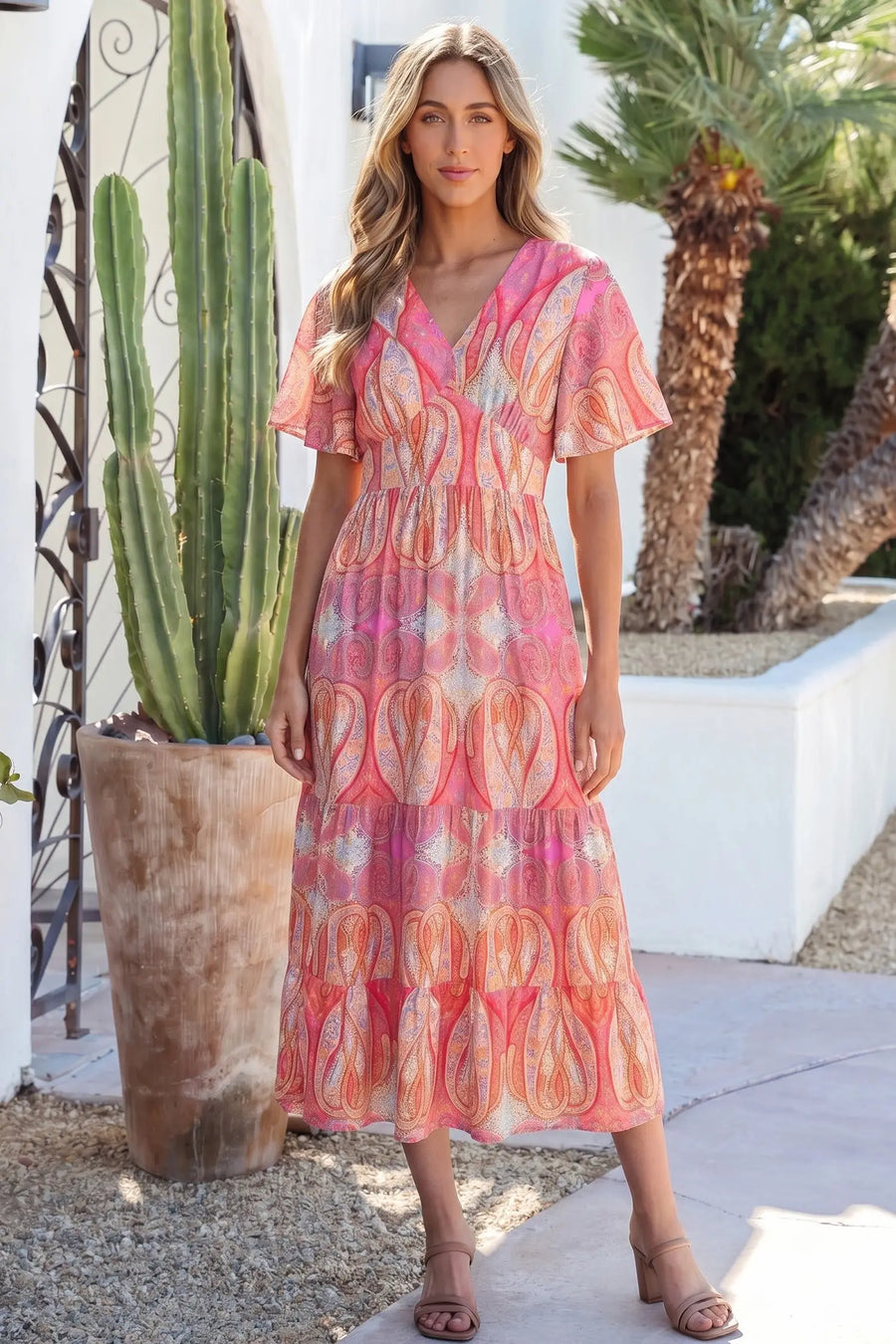 Multicolour Paisley V Neck Short Sleeve Boho Maxi Dress Women UK