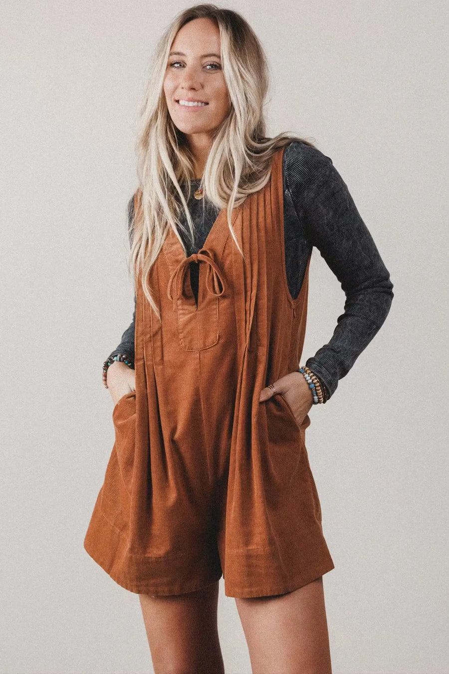 Cinnamon Corduroy Sleeveless Romper Tie V-Neck — angled view | Fashionfitz UK