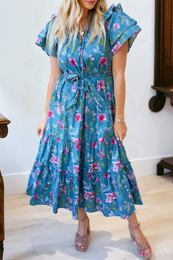 Blue floral maxi dress UK flutter sleeve detail close-up
