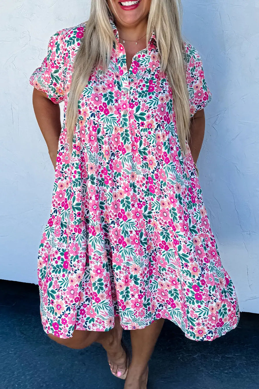 Plus Size Pink Floral Half Button Puff Sleeve A-Line Dress Women UK