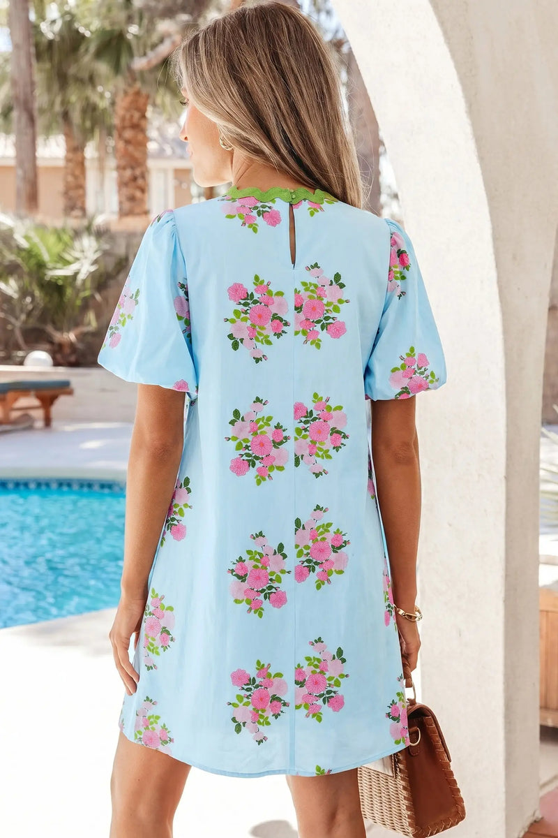 Sky Blue Floral Ricrac Trim Bubble Sleeve Mini Dress Women UK
