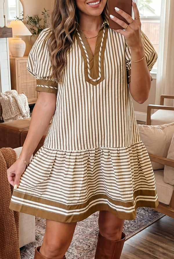 Stripe Shirt Collar Patchwork Ruffle Hem Mini Dress Women UK