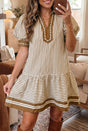 Stripe Shirt Collar Patchwork Ruffle Hem Mini Dress Women UK