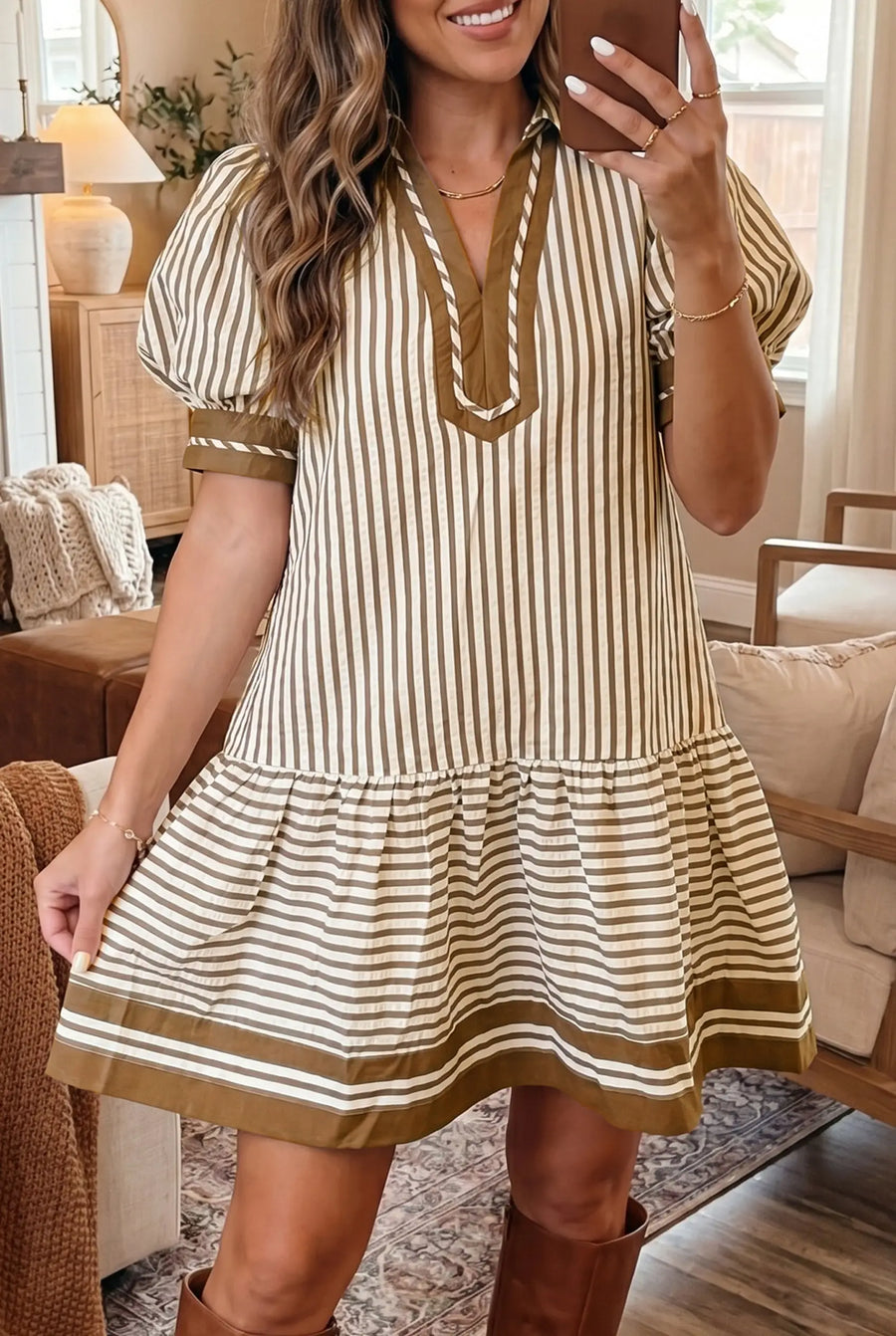 Stripe shirt collar patchwork ruffle hem mini dress front view — Fashionfitz UK