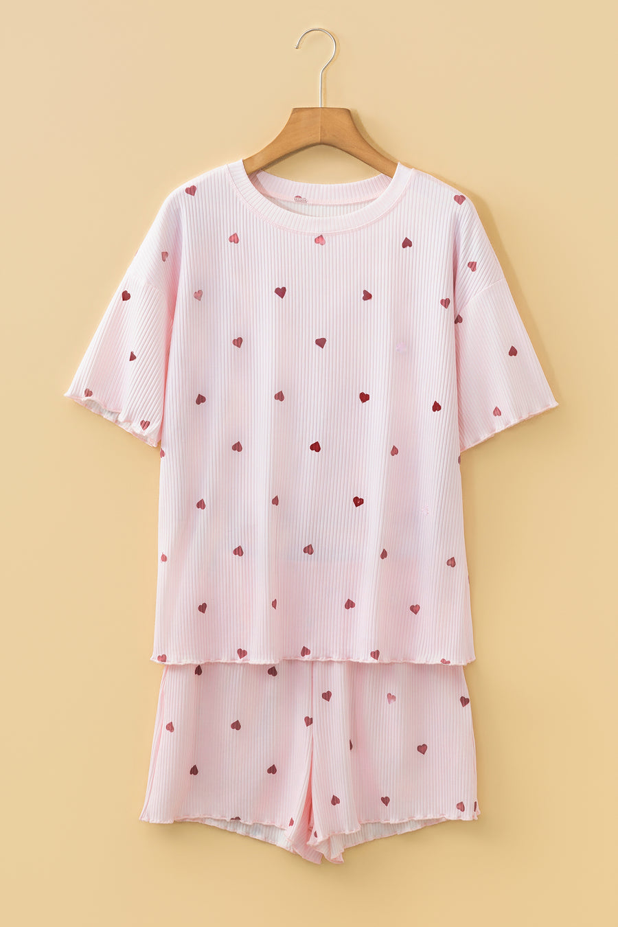 Light Pink Valentine Heart Shape Print Ribbed Knit Short Lounge Set