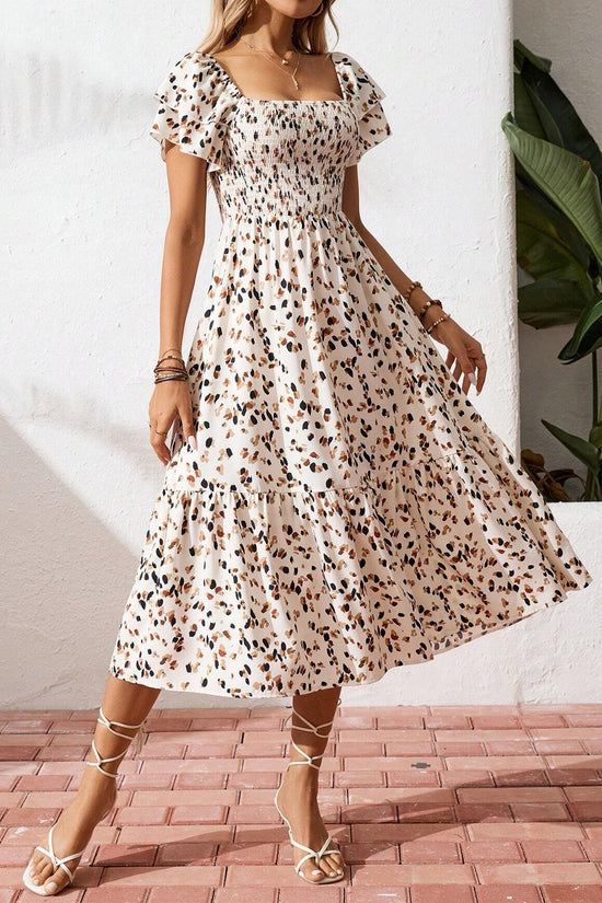 Floral Smocked Square Neck Midi Dress Women UK