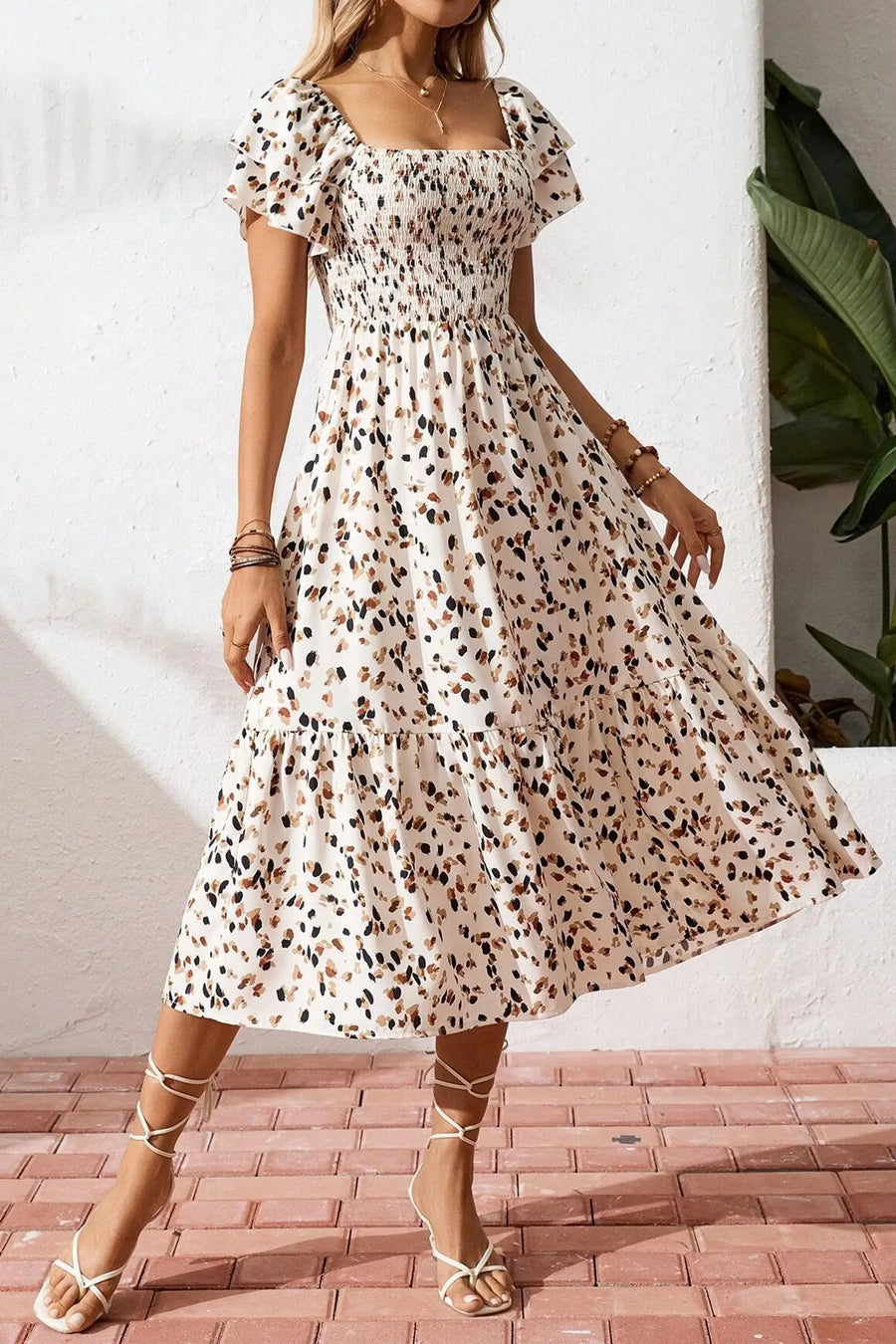 Floral Smocked Square Neck Midi Dress Women UK — full length view on model | Fashionfitz UK