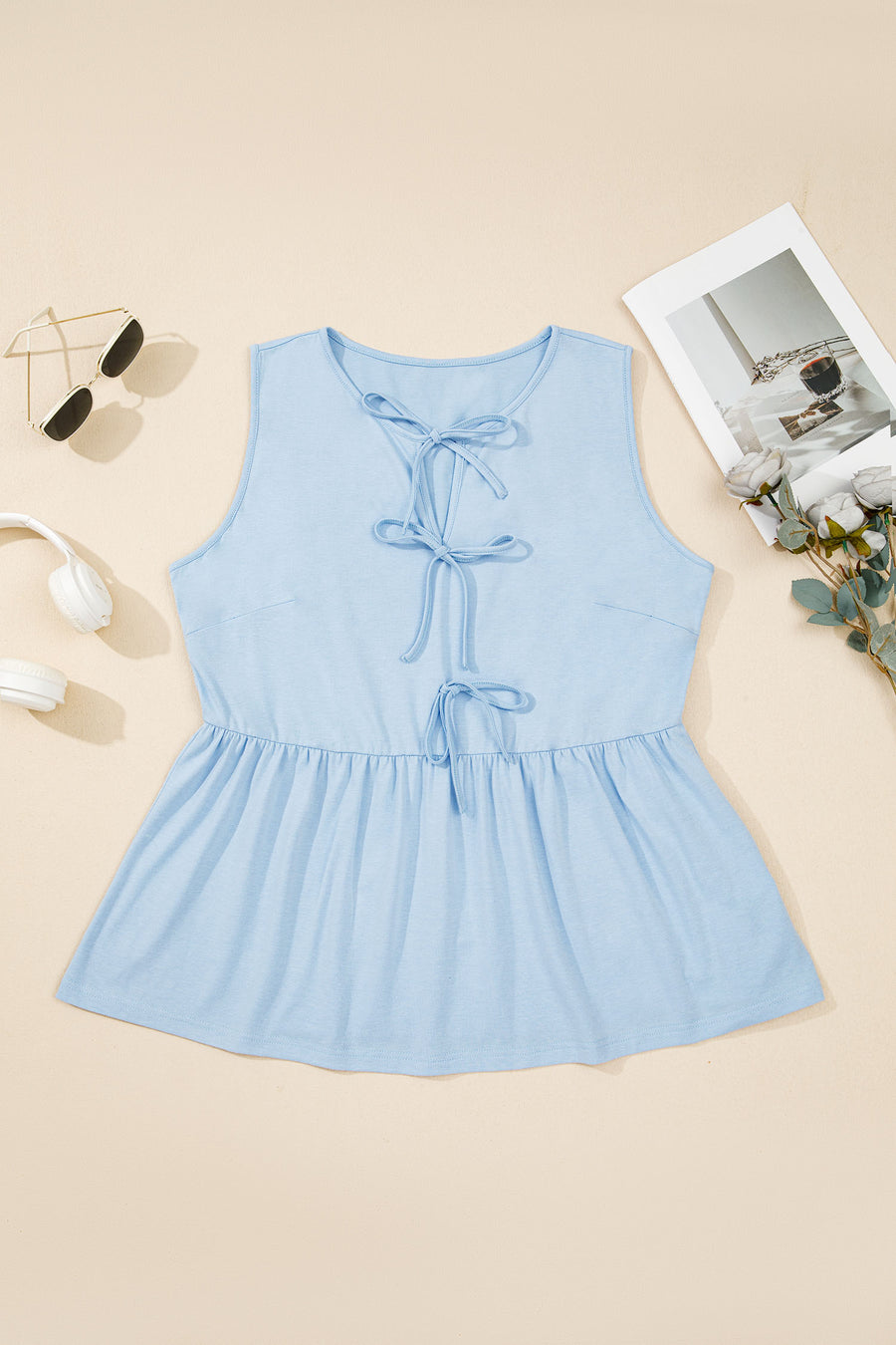 Coffee Plus Size Solid Color Bow Tie Peplum Tank Top