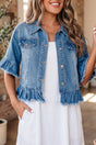 Blue ruffle hem raw edge half sleeve denim jacket front view — Fashionfitz UK