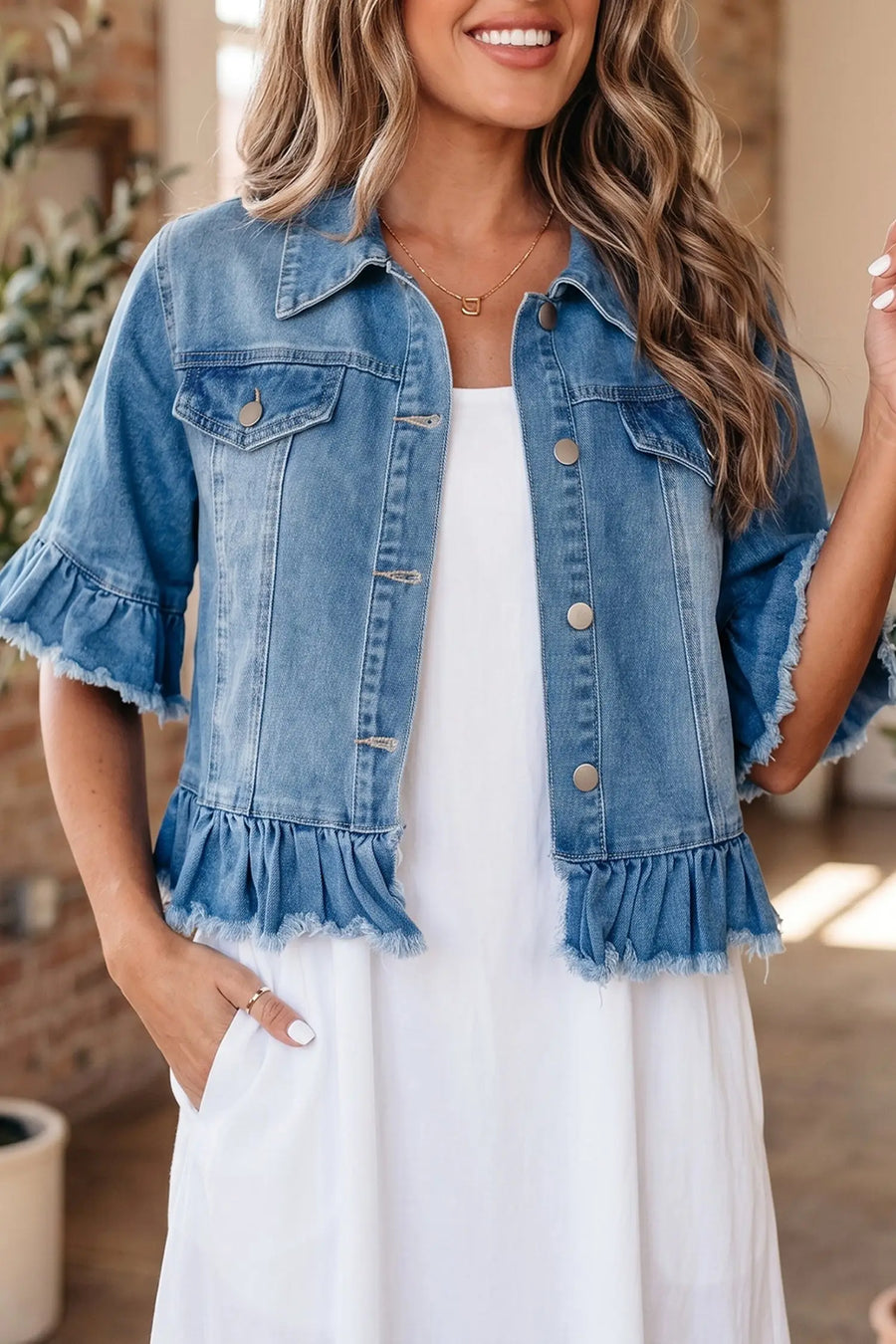 Blue ruffle hem raw edge half sleeve denim jacket front view — Fashionfitz UK