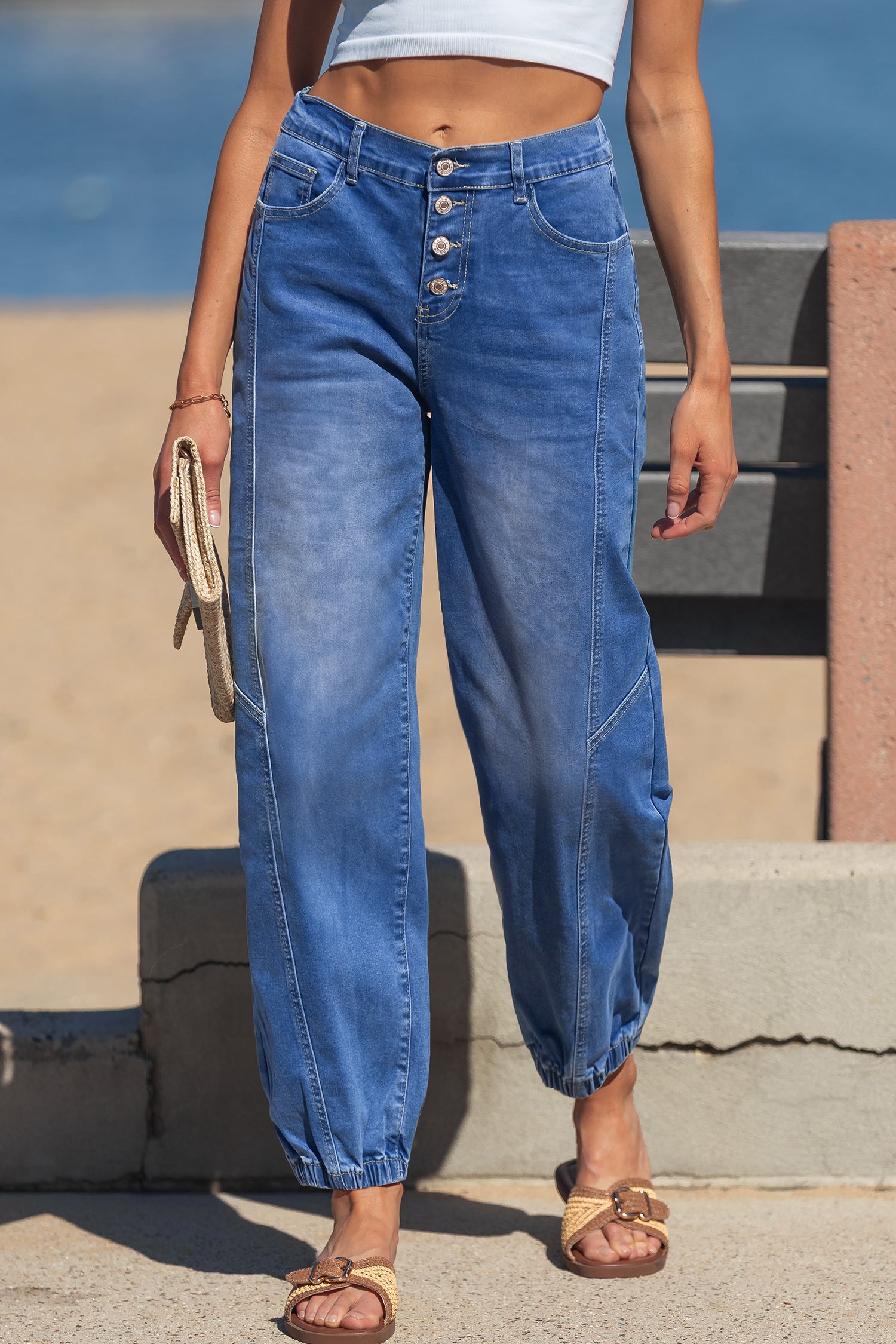 4 Button Front Tapered Leg Elastic Cuff Jeans Women UK