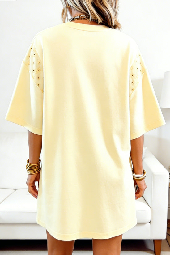Women's eyelet mini dress side view embroidered detail
