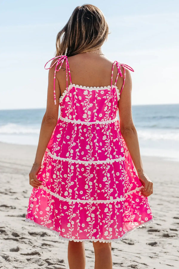 Pink Floral Ric Rac Patched Sleeveless Mini Dress Women UK