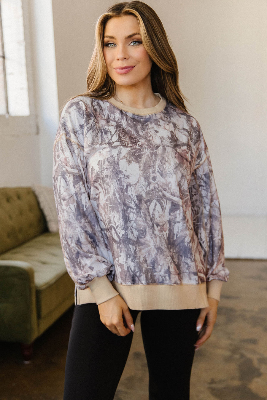Abstract Camo Colorblock Side Split Tunic Sweatshirt Women UK