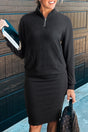Ribbed zip stand neck drop shoulder pullover bodycon skirt 2-piece set in black — front view