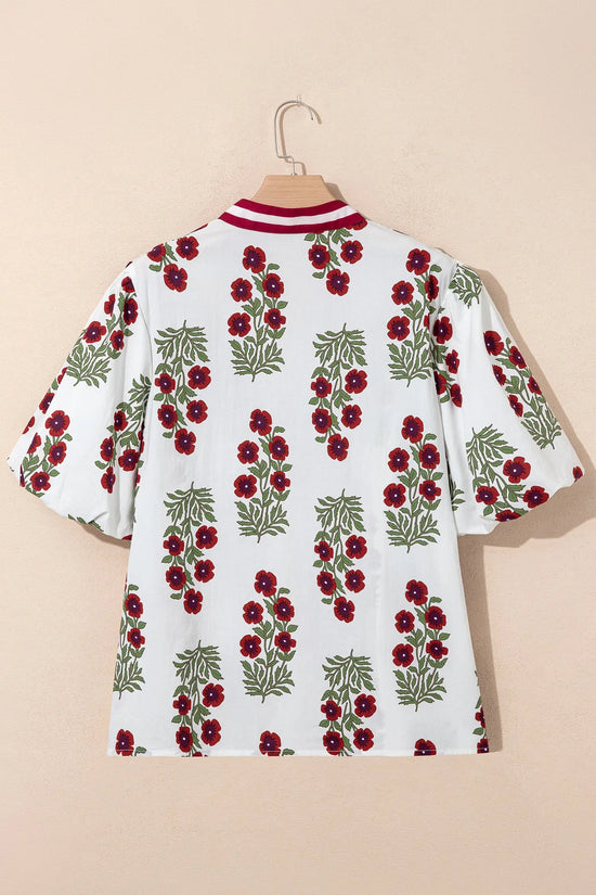 Plus size floral ricrac trim cotton blouse puff sleeve v neck colourblock blouses