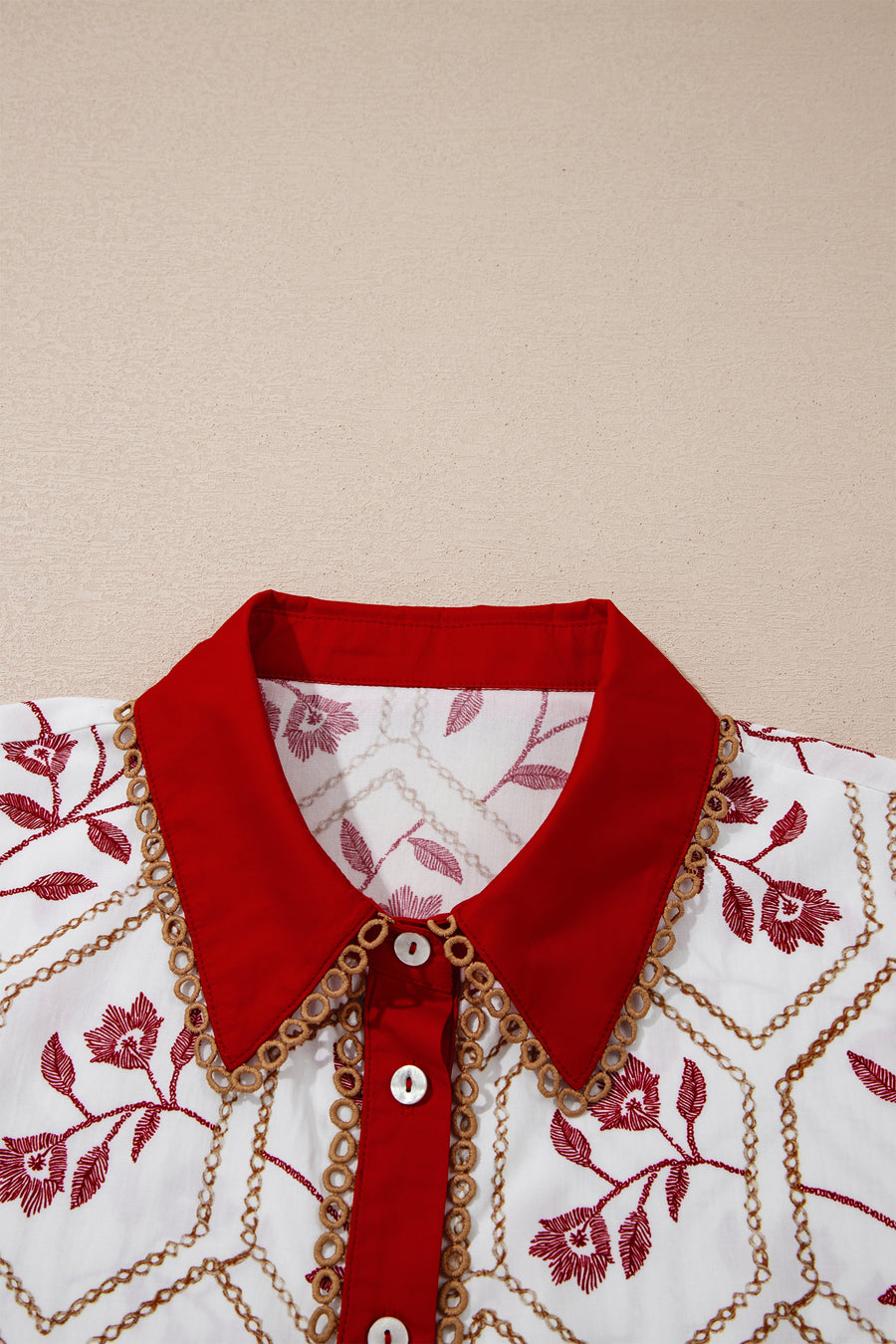 Geometric Floral Lace Trim Collared Mini Dress Short Sleeve Shift — angled view | Fashionfitz UK