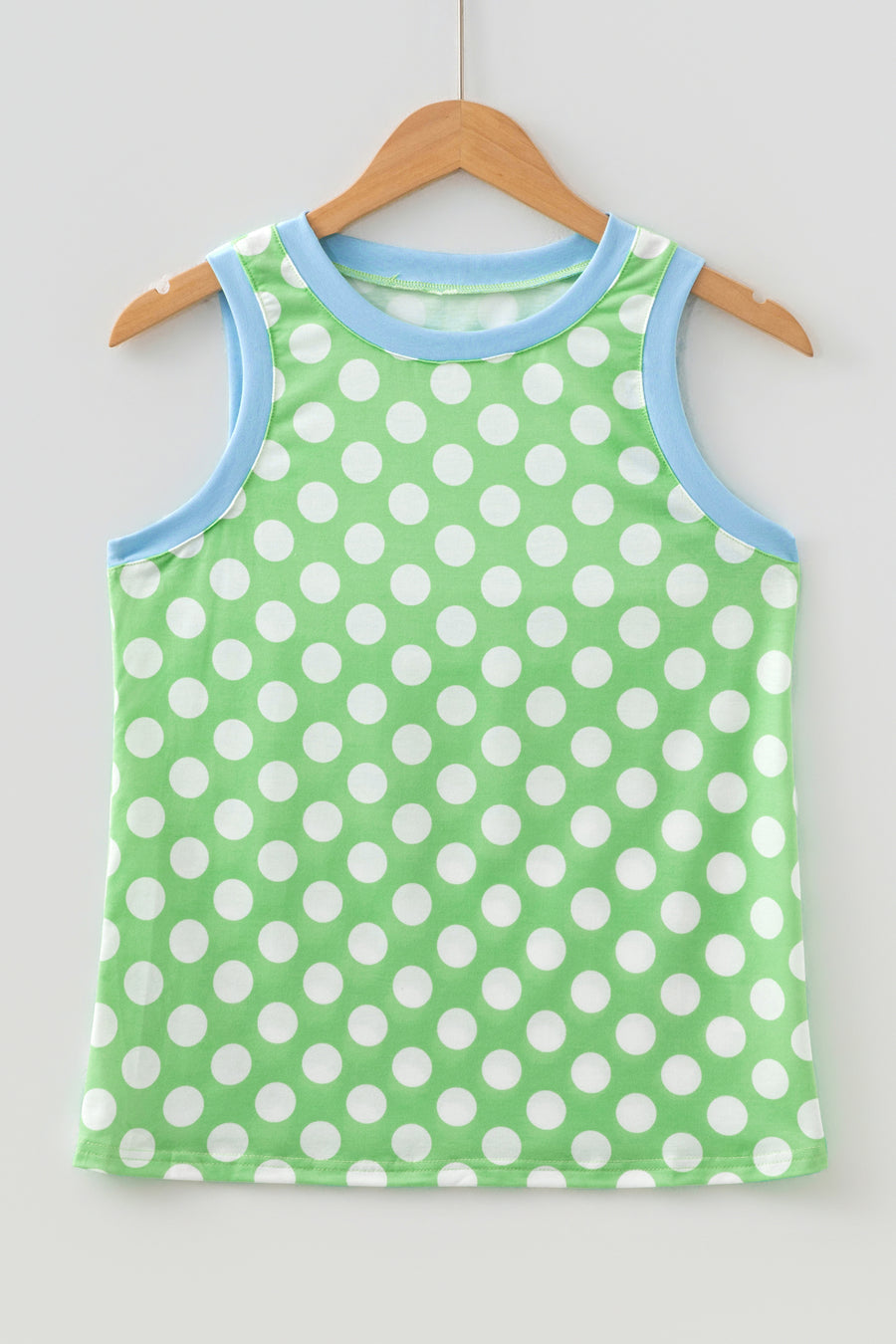 Green Polka Dot Contrast Trim Round Neck Loose Tank Top