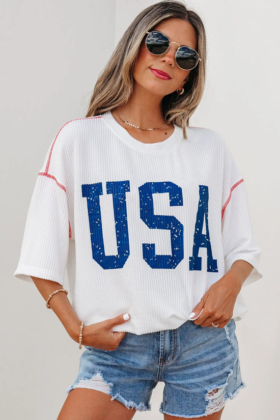 Usa graphic ribbed half sleeve loose top round neck tunic length tunics