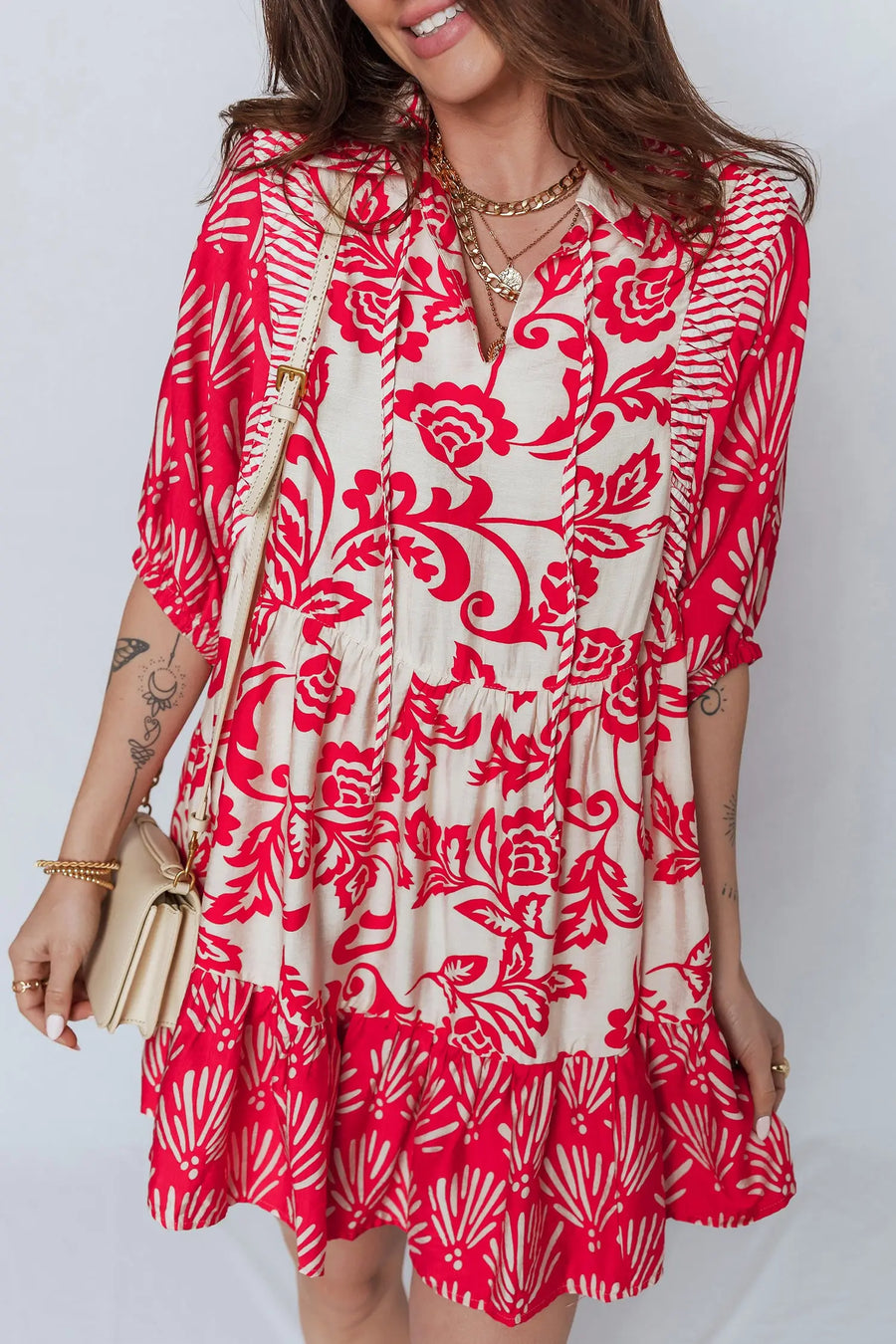 Red Floral Collared V Neck Half Sleeve Loose Mini Dress Women UK — lifestyle view