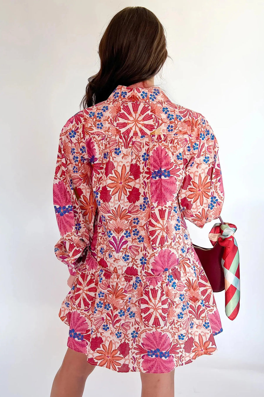 Red Fall Floral Long Sleeve Mini Dress Women UK — close-up detail