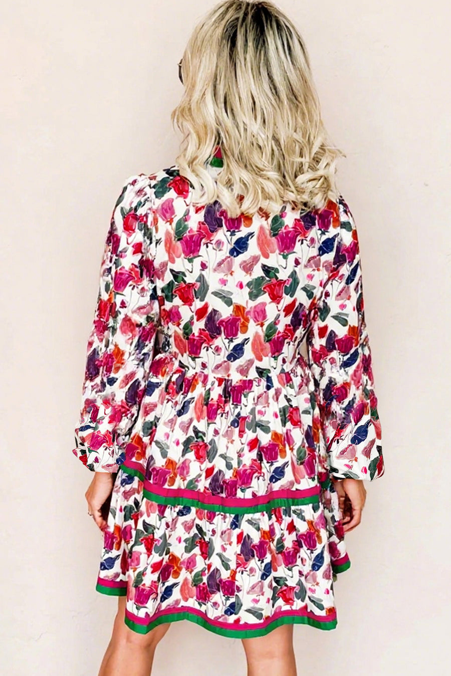 Purple Floral Contrast Striped Detail Long Sleeve Mini Dress Women UK — side detail