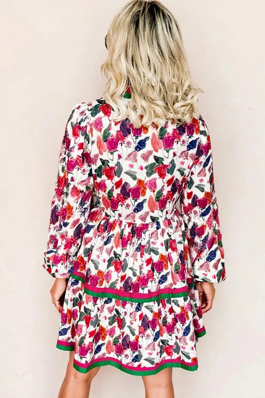 Purple Floral Contrast Striped Detail Long Sleeve Mini Dress Women UK — side detail