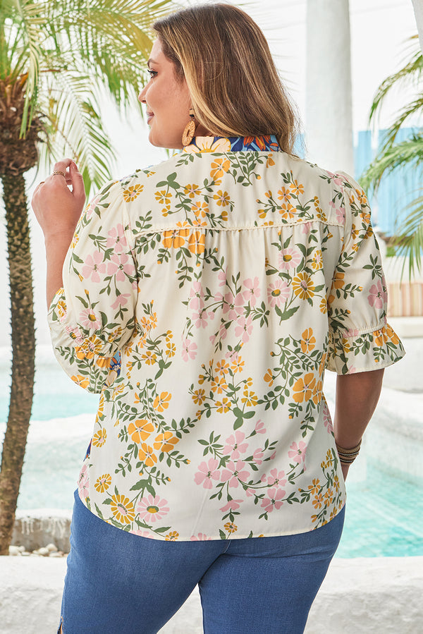 Back view of floral print woven V neck plus size blouse