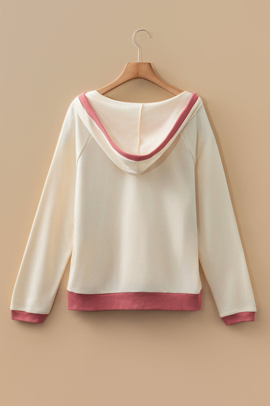 White Contrast Trim Crochet Knit Hoodie