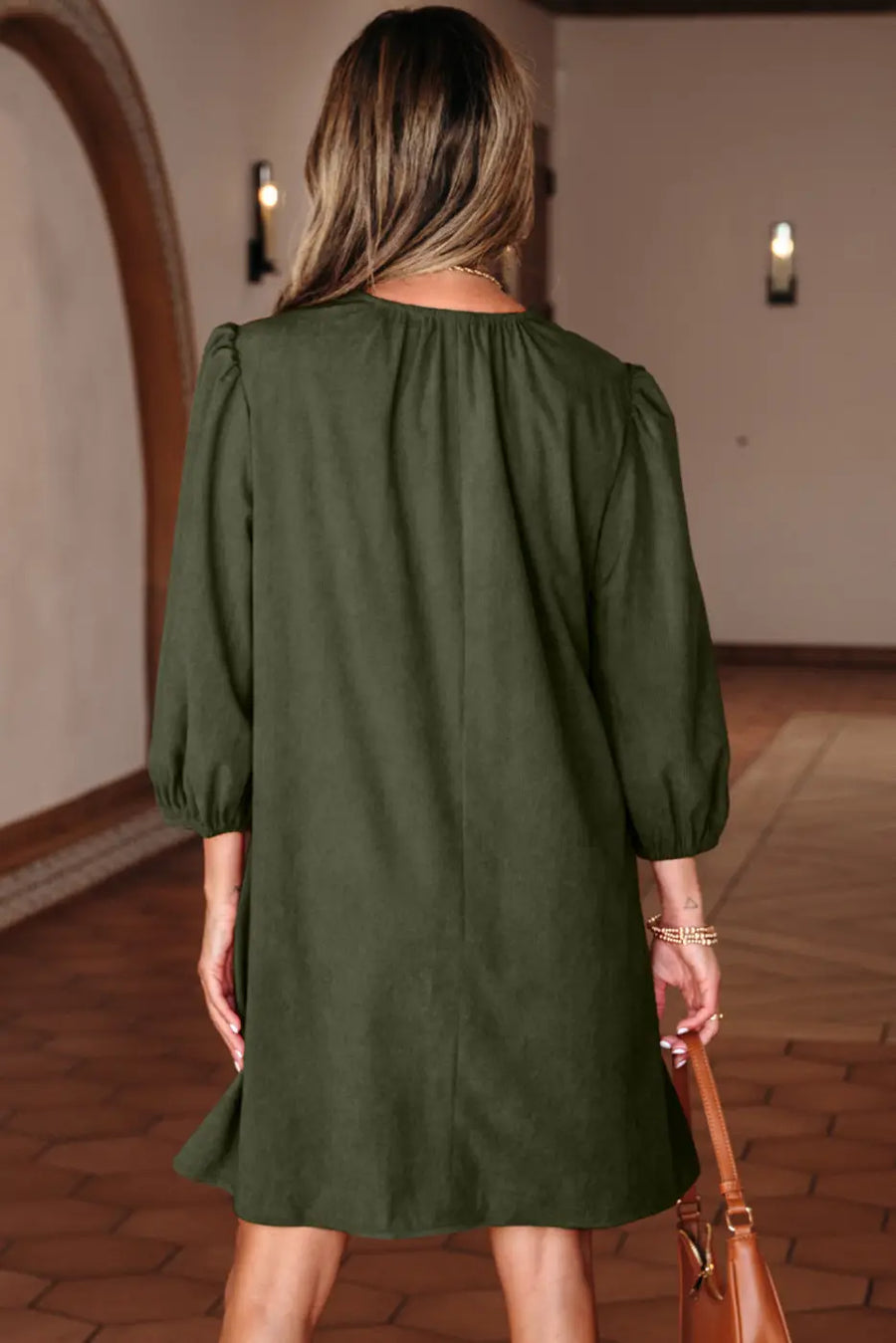 Moss green pleated corduroy mini dress women | split neck a-line