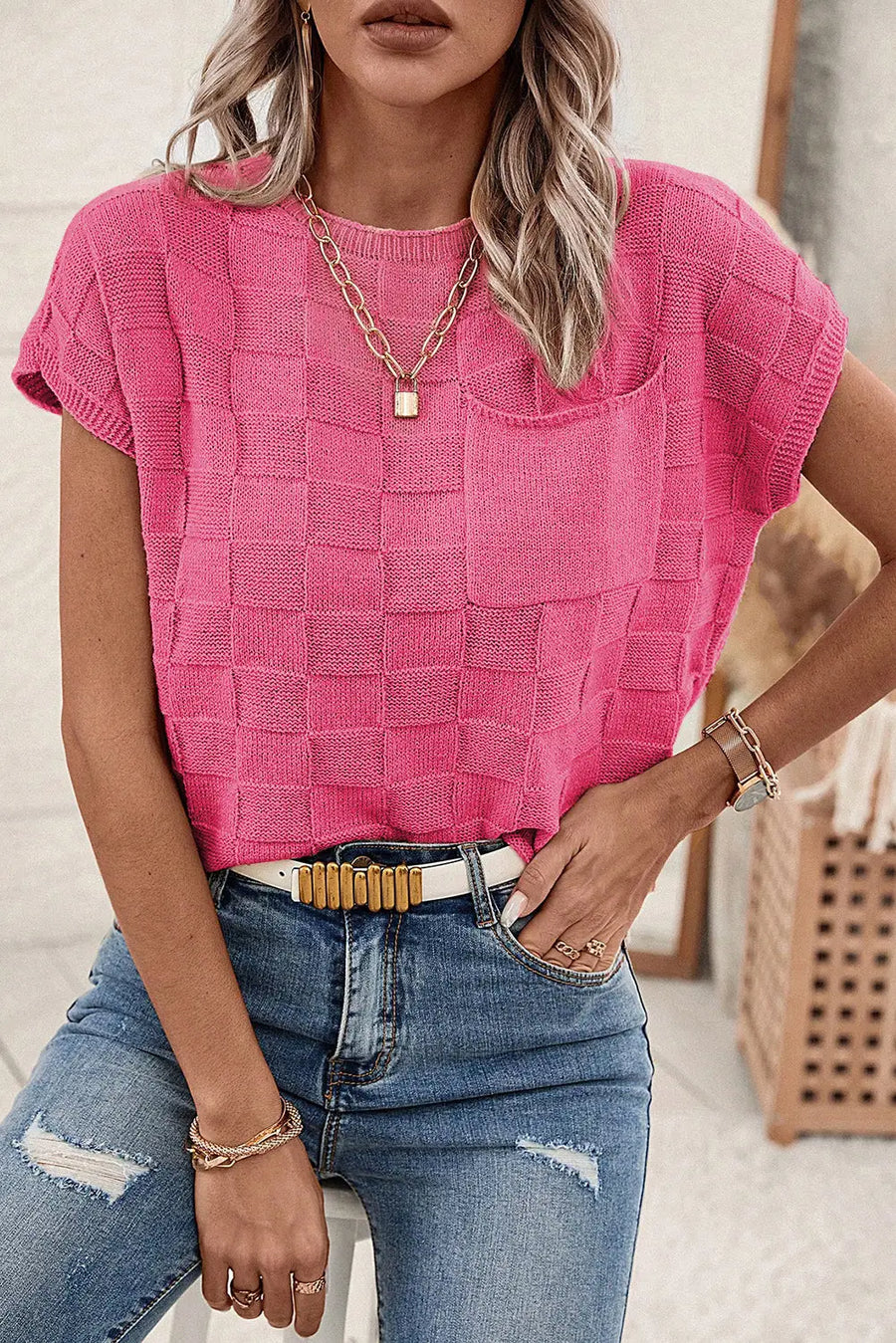 Lattice short sleeve sweater - pink sweaters