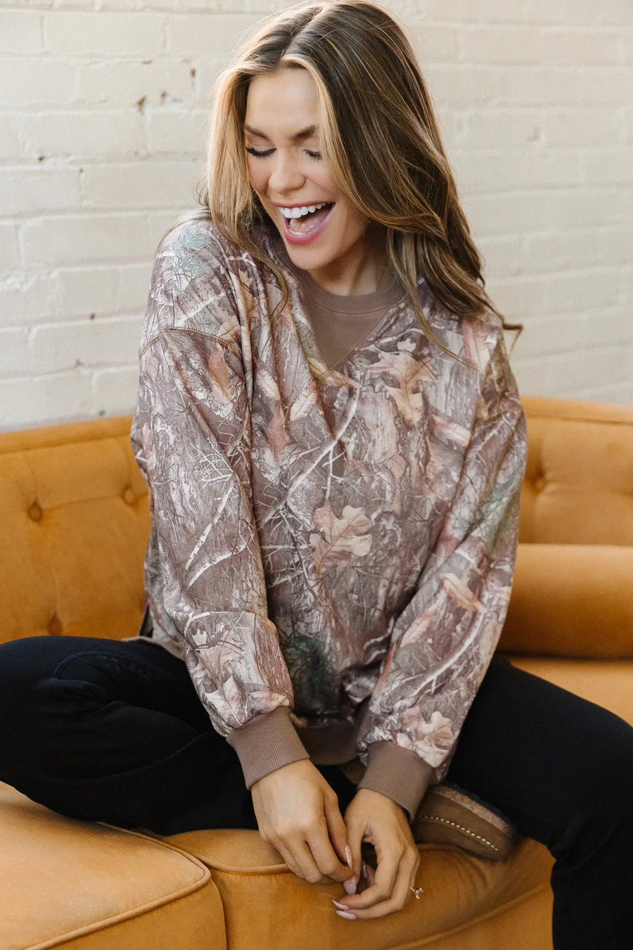 Brown Abstract Camo Colourblock Baggy Pullover Sweatshirt