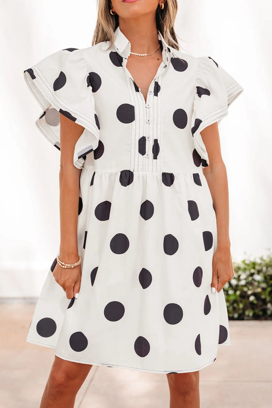 Fashionfitz white polka dot ruffled mini dress UK S-XL, 100% polyester, high waist puff sleeve, back view