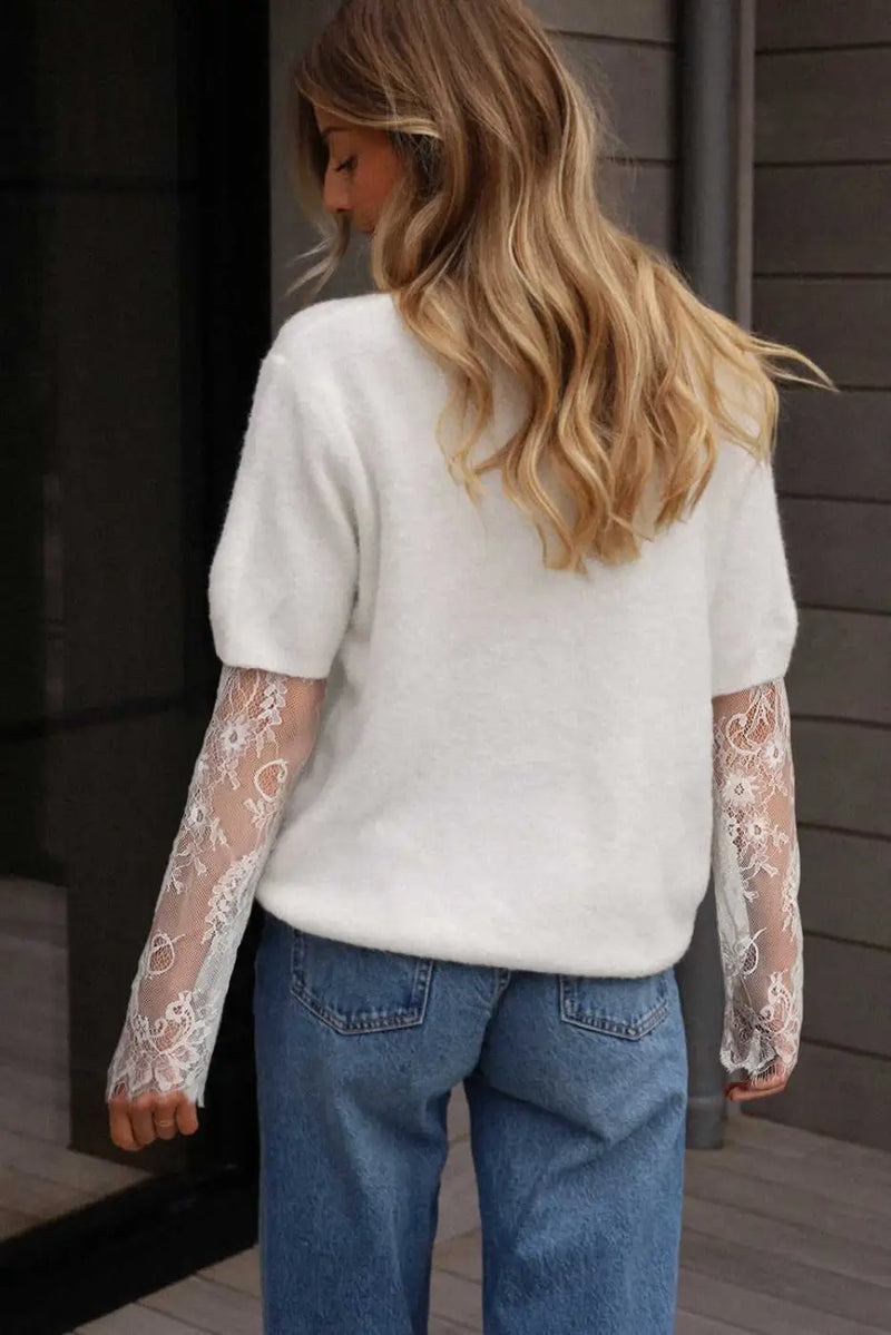 Beige lace sleeve fuzzy sweater women uk | fashionfitz