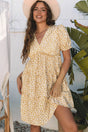 Yellow Floral Short Sleeve V Neck Frilly Tiered Mini Dress Women UK