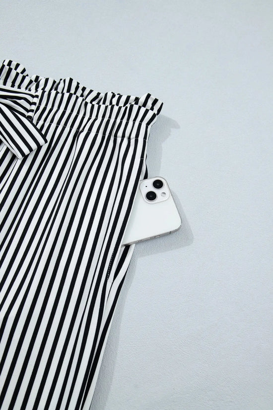 Black stripe plus size wide leg trousers elastic waist bow pockets