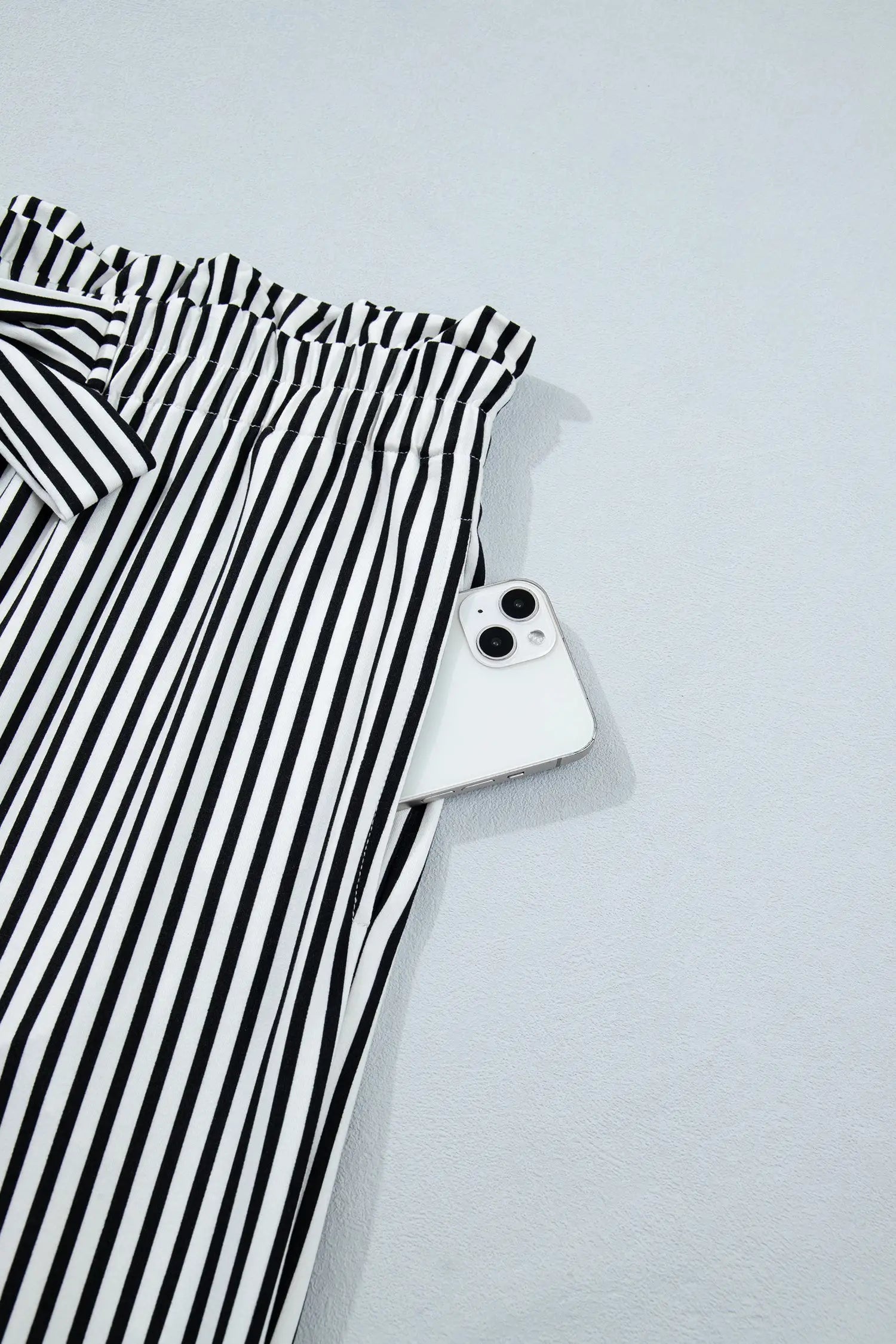 Black stripe plus size wide leg trousers elastic waist bow pockets