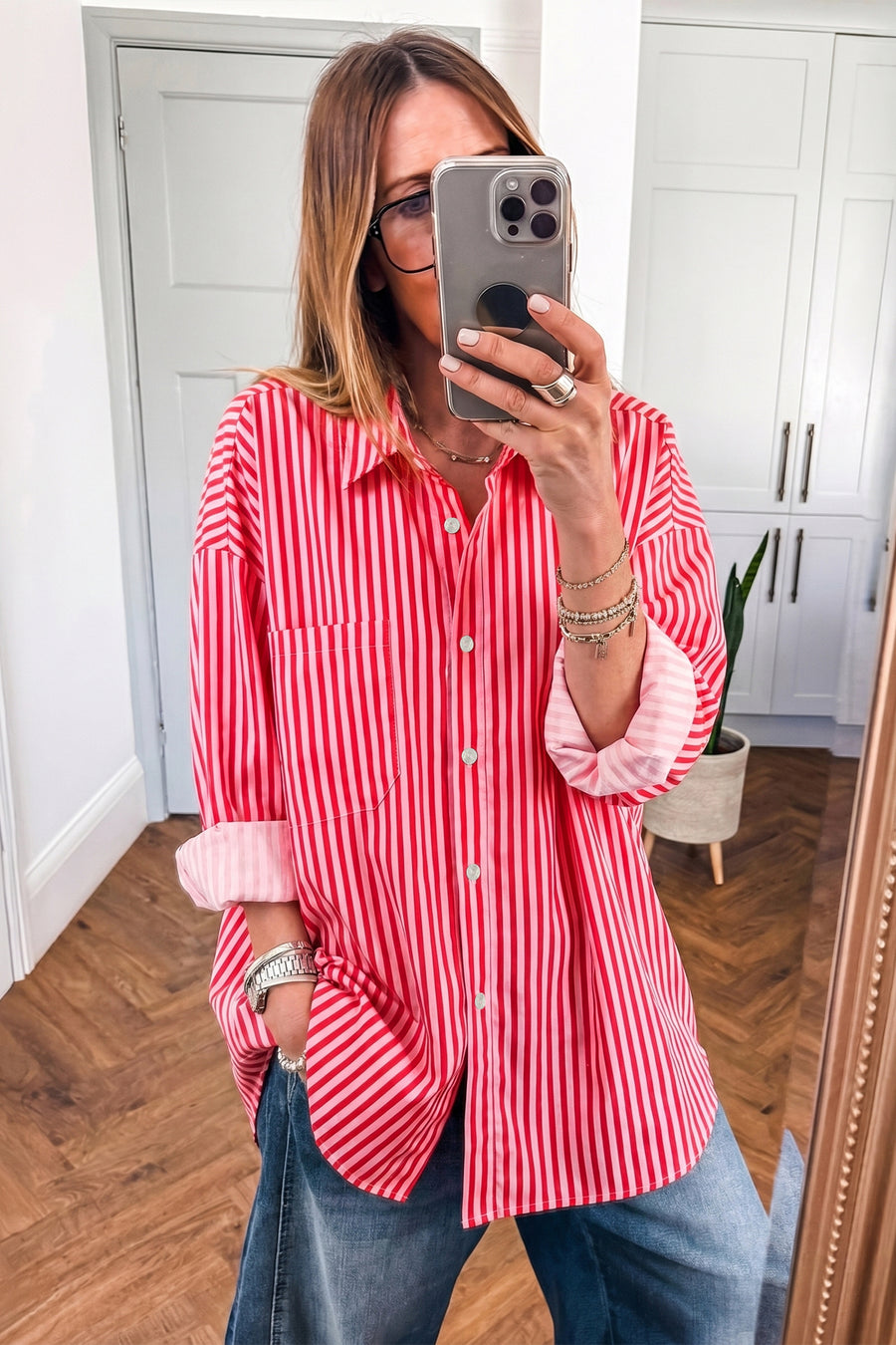 Stripe Button-Up Long Sleeve Shirt with Patch Pocket