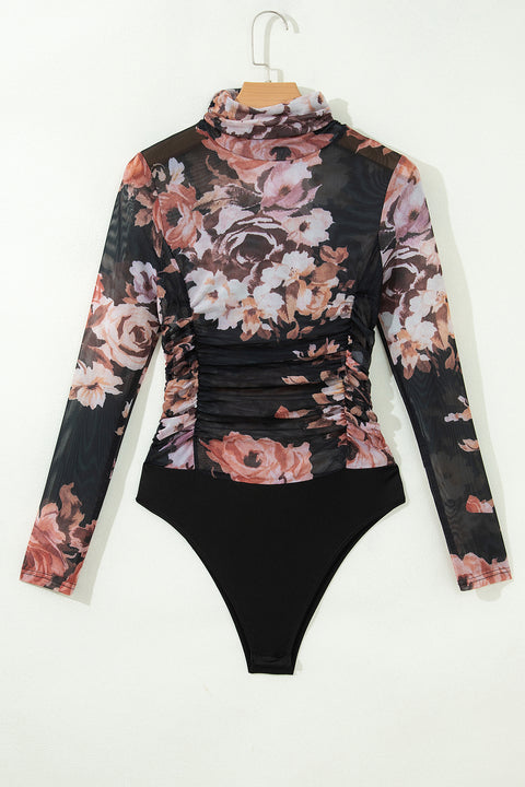 Brown Floral Mesh Long Sleeve High Neck Bodysuit
